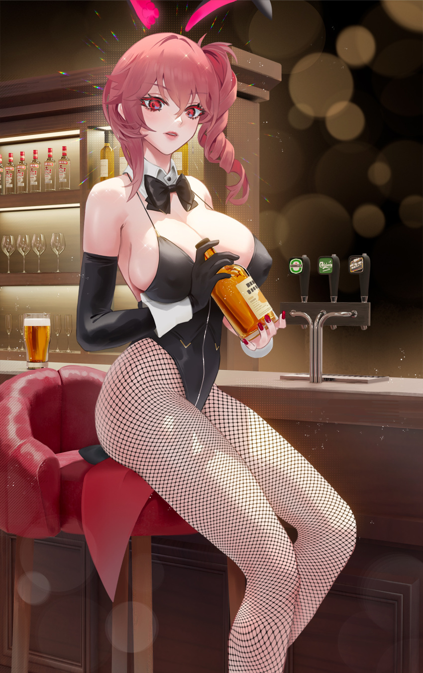 1girl alcohol animal_ears asymmetrical_hair bar beer beer_tap black_leotard bottle bow bowtie breasts cirilla counter cup detached_collar drinking_glass duca_degli_abruzzi_(azur_lane) elbow_gloves fishnet_legwear fishnets gloves highres holding holding_bottle indoors large_breasts lens_flare leotard lips liquor makeup medium_hair parted_lips pink_hair playboy_bunny rabbit_ears red_eyes shelf solo spaghetti_strap stool wine_glass wrist_cuffs