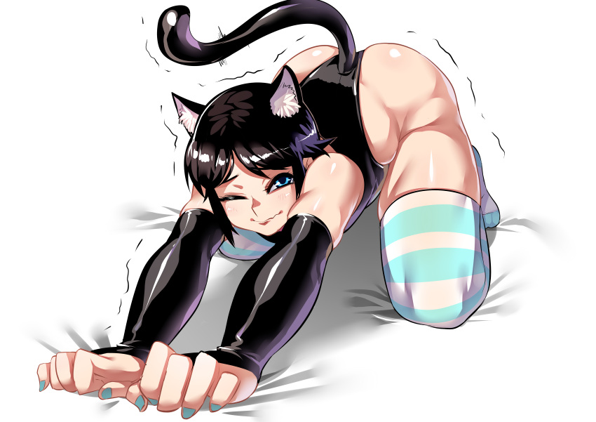 1girl :} absurdres all_fours animal_ear_fluff animal_ears aqua_eyes aqua_nails ass bare_shoulders black_hair cat_ears cat_stretch cat_tail clenched_hands detached_sleeves gloves highres kemonomimi_mode leotard looking_at_viewer lying nail_polish on_stomach one_eye_closed original paw_pose ryuusei's_short-haired_girl ryuusei_(mark_ii) shiny shiny_skin short_hair signature skindentation solo stretch tail taut_leotard thigh-highs top-down_bottom-up trembling wavy_mouth