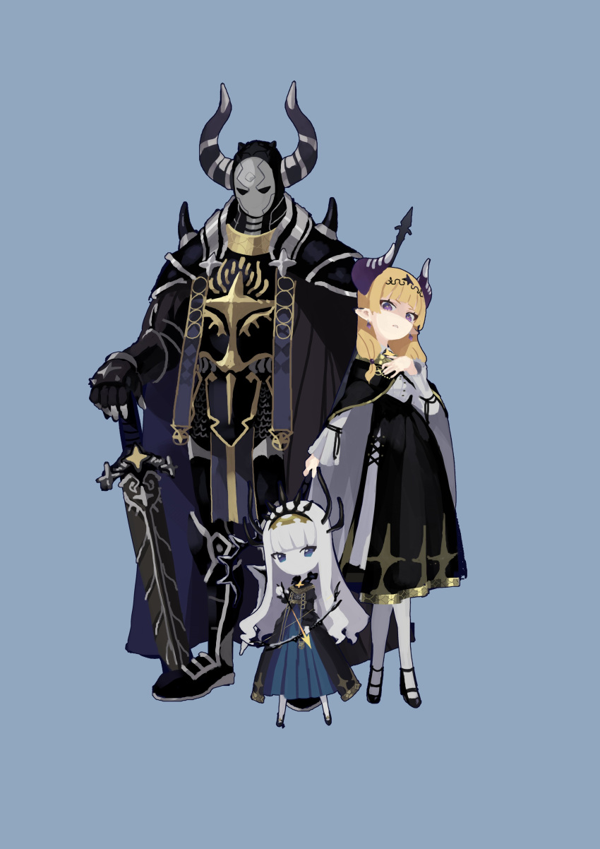 1boy 2girls absurdres arrow_(projectile) black_cape black_dress black_footwear blonde_hair blue_background blue_eyes bow_(weapon) cape child colored_skin cordula_(okame_nin) crown dress hand_on_hilt hand_on_own_chest high_heels highres holding holding_arrow holding_bow_(weapon) holding_weapon horns long_dress long_hair looking_at_viewer mana_matitia_(okame_nin) mask multiple_girls no_mouth okame_nin original pantyhose parted_lips planted planted_sword shaded_face simple_background sword two-sided_cape two-sided_fabric urushia_(okame_nin) violet_eyes weapon white_cape white_hair white_legwear white_skin