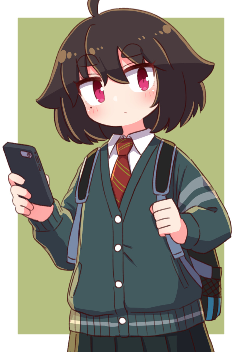 1girl ahoge backpack bag bangs black_hair black_skirt blush cardigan cellphone closed_mouth collared_shirt commentary_request diagonal-striped_neckwear diagonal_stripes eyebrows_visible_through_hair green_background hair_between_eyes highres holding holding_phone looking_at_viewer mole mole_under_eye naga_u naga_u-chan necktie original phone pleated_skirt red_neckwear school_uniform shirt short_eyebrows skirt solo striped striped_neckwear thick_eyebrows two-tone_background violet_eyes white_background white_shirt