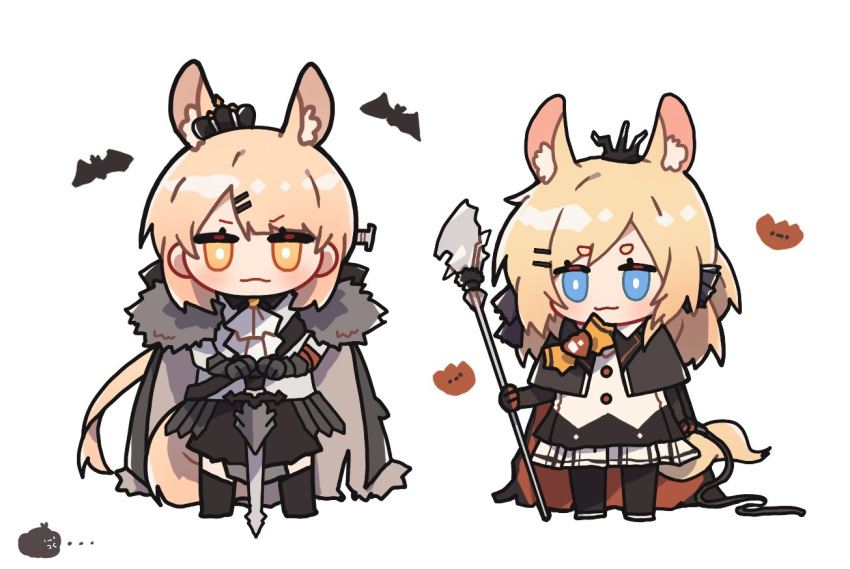 2girls :3 alternate_costume animal_ears arknights armor ascot aunt_and_niece bat black_bow black_cape black_cloak black_legwear blemishine_(arknights) blonde_hair blue_eyes bow cape cloak commentary_request extra_ears eyebrows_visible_through_hair fur-trimmed_cloak fur_trim hair_bow hair_ornament hairclip holding holding_staff holding_weapon holding_whip horse_ears horse_girl horse_tail kyou_039 long_hair looking_at_viewer multiple_girls plaid plaid_skirt planted planted_sword pleated_skirt simple_background skirt staff straight-on sword tail thick_eyebrows weapon whip whislash_(arknights) white_background white_neckwear white_skirt yellow_eyes