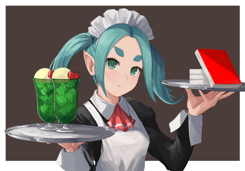 1girl absurdres alternate_costume apron aqua_eyes aqua_hair bakemonogatari black_dress book cherry closed_mouth cup dessert dress drinking_glass enmaided expressionless food fruit glass highres holding holding_tray ice ice_cream ice_cream_float ice_cube long_sleeves looking_at_viewer maid maid_apron maid_headdress medium_hair melon_soda monogatari_(series) nemo_ringo ononoki_yotsugi pointy_ears puffy_sleeves red_neckwear short_twintails solo thick_eyebrows tray twintails white_apron