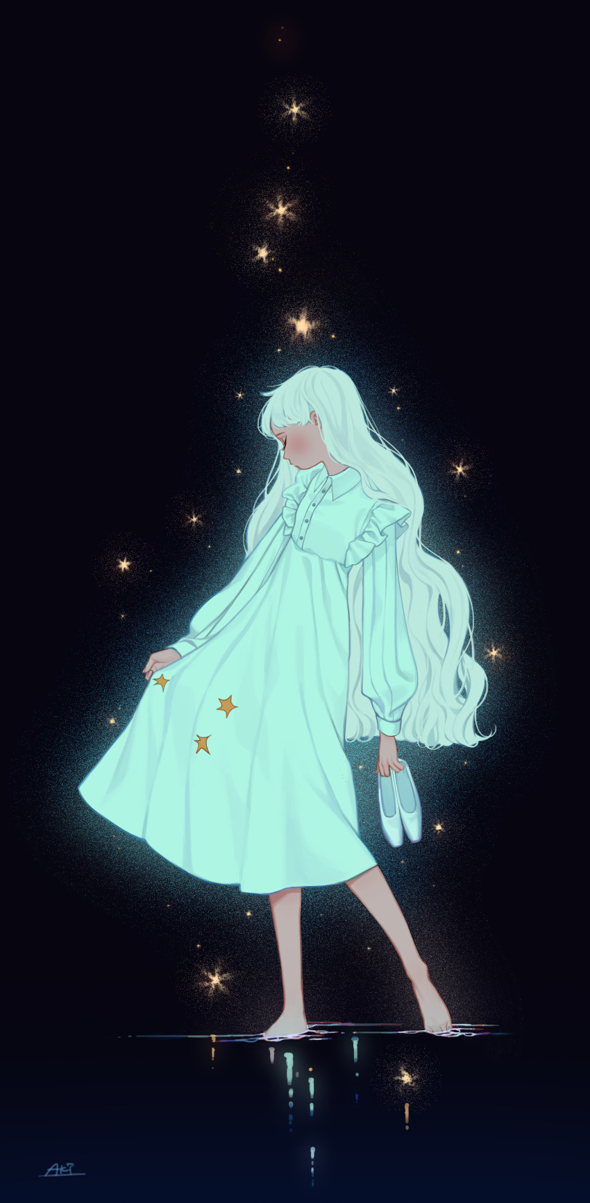 1girl absurdres aki_a0623 barefoot dress highres long_hair long_sleeves original puffy_sleeves shoes shoes_removed star_(sky) water white_dress white_hair