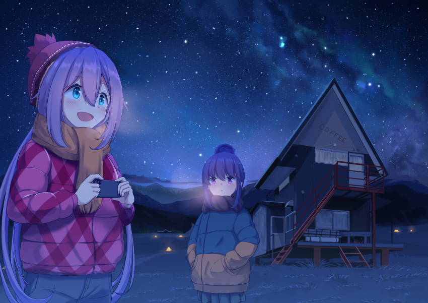 1girl 2girls :d bangs beach beach_house beanie black_scarf blue_eyes blue_hair blue_pants camping cellphone coat commentary_request denim green_coat hair_between_eyes hair_bun hands_in_pockets hat highres holding holding_phone jeans kagamihara_nadeshiko long_hair m.a.y. milky_way mountain mountainous_horizon multiple_girls night night_sky ocean open_mouth orange_coat orange_scarf outdoors pants parted_lips phone pink_coat pink_hair pink_headwear scarf shima_rin simple_background sky smartphone smile stairs standing star_(sky) starry_sky tent two-tone_coat violet_eyes window yurucamp