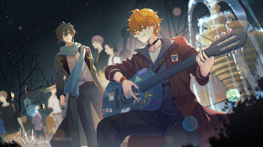 2boys black_choker black_hair bracelet brown_hair choker city collarbone cowboy_shot crowd earrings genshin_impact gradient_hair guitar hair_between_eyes hcbshs highres instrument jewelry long_hair male_focus multicolored_hair multiple_boys music orange_hair outdoors playing_instrument ponytail scarf short_hair tartaglia_(genshin_impact) water wind yellow_eyes zhongli_(genshin_impact)