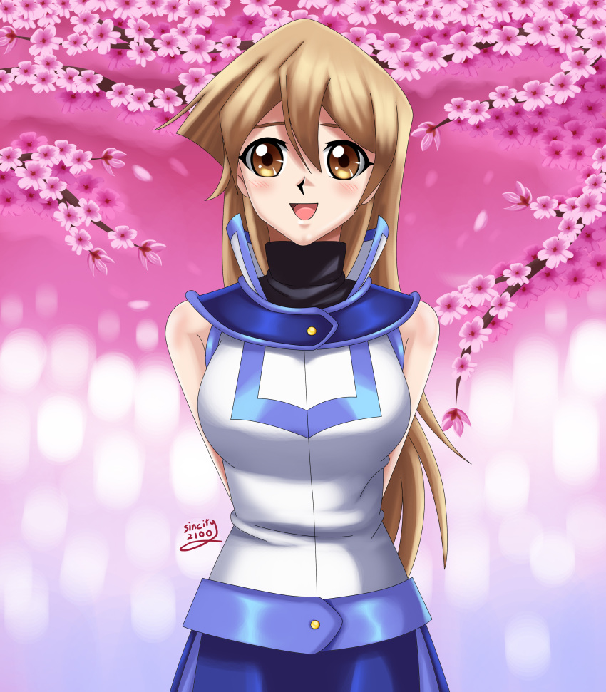 1girl arms_behind_back blonde_hair blue_skirt blush cherry_blossoms cherry_trees cute deviantart deviantart_username duel_academy_uniform_(yu-gi-oh!_gx) female happy sailor_collar shirt sincity2100 sleeveless_jacket sleeveless_shirt tenjouin_asuka white_shirt yellow_eyes yu-gi-oh! yuu-gi-ou_gx