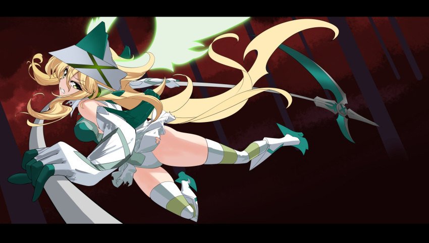 1girl akatsuki_kirika blonde_hair breasts clenched_teeth elbow_gloves flying gloves glowing green_eyes headgear highres leotard long_hair medium_breasts nyanmaru scythe senki_zesshou_symphogear solo striped striped_legwear teeth thigh-highs white_leotard