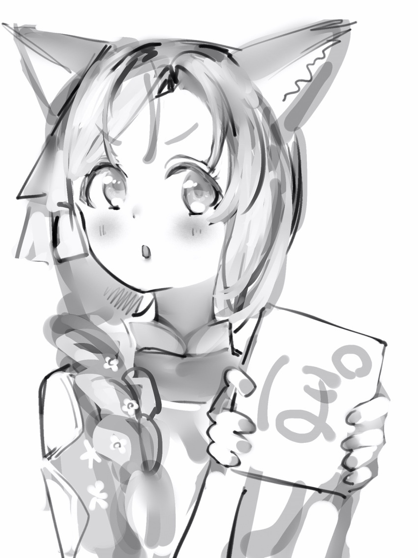 1girl :o animal_ears blush braid fingernails fox_ears greyscale hair_over_shoulder highres holding holding_sign hololive looking_at_viewer monochrome nanashi_(nlo) omaru_polka sign simple_background solo upper_body white_background