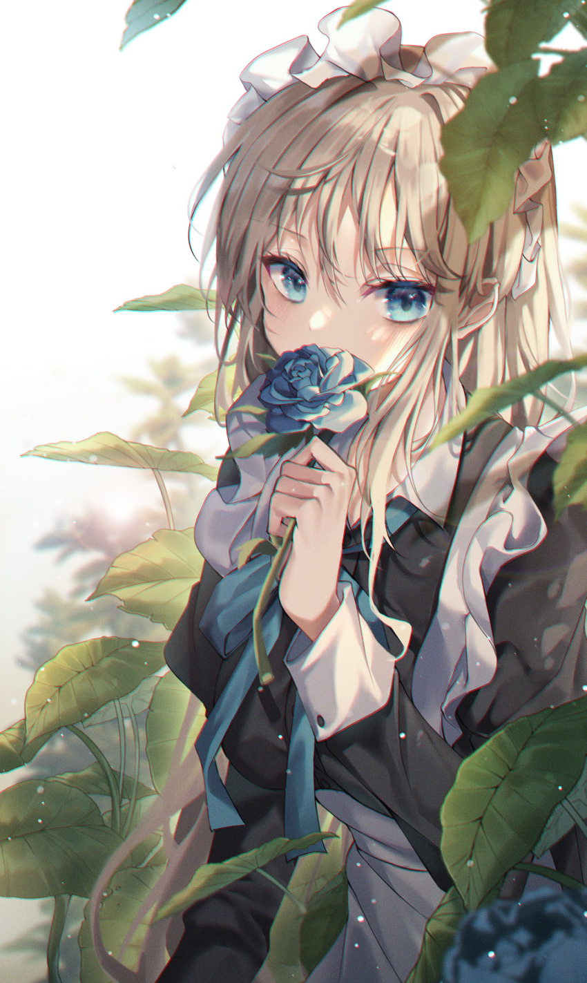 1girl absurdres apron bangs black_dress blonde_hair blue_bow blue_eyes blue_flower blue_neckwear blue_rose blurry blurry_background bow dress duyu flower frilled_dress frills hand_up highres holding holding_flower leaf long_hair long_sleeves looking_at_viewer maid maid_apron maid_headdress original plant rose solo standing white_apron