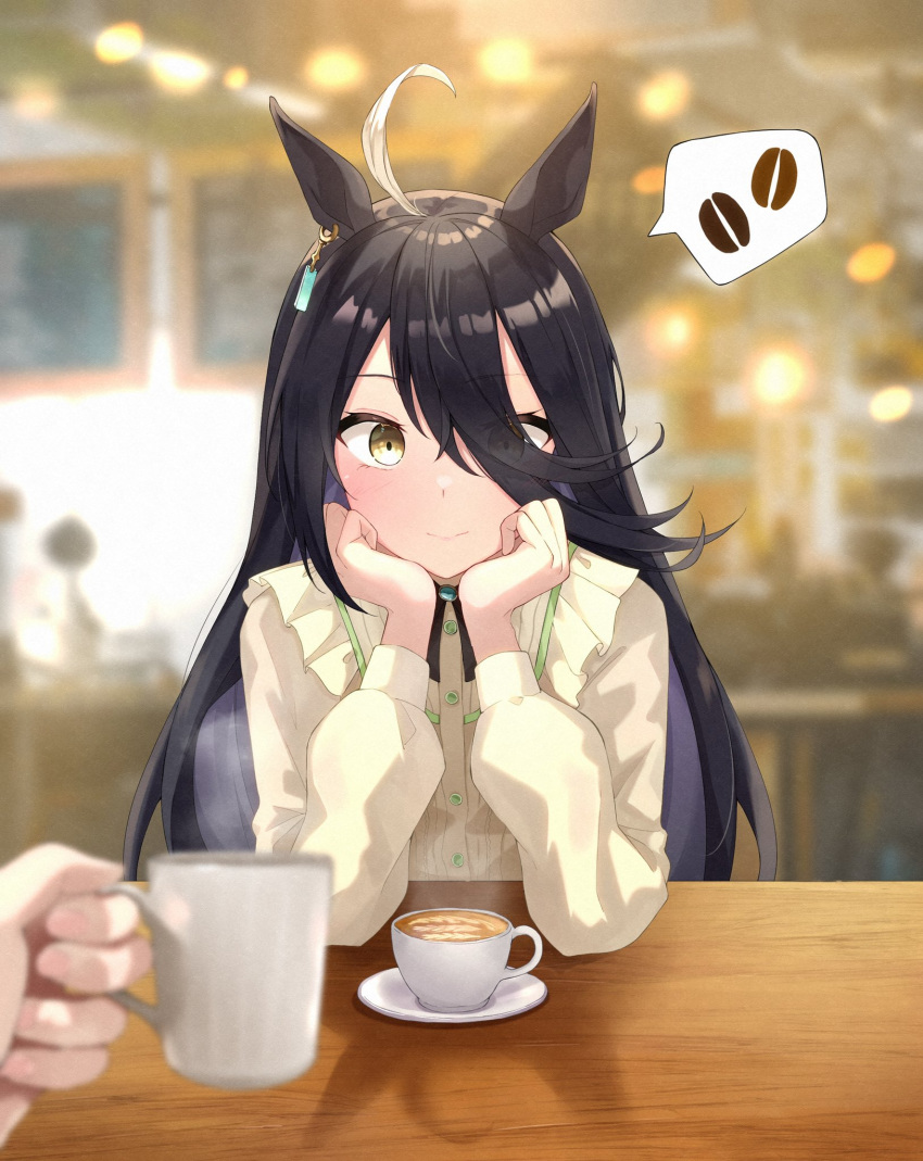 1girl ahoge animal_ears arm_support bangs black_hair blurry blurry_background blurry_foreground coffee_beans cup earrings frilled_shirt_collar frills hands_on_own_face highres horse_ears indoors jewelry light_blush long_hair long_sleeves looking_at_viewer manhattan_cafe_(umamusume) multicolored_hair noise pov pov_hands saucer shirt single_earring smile speech_bubble spoken_object steam streaked_hair tiara_(871220) umamusume yellow_eyes yellow_shirt