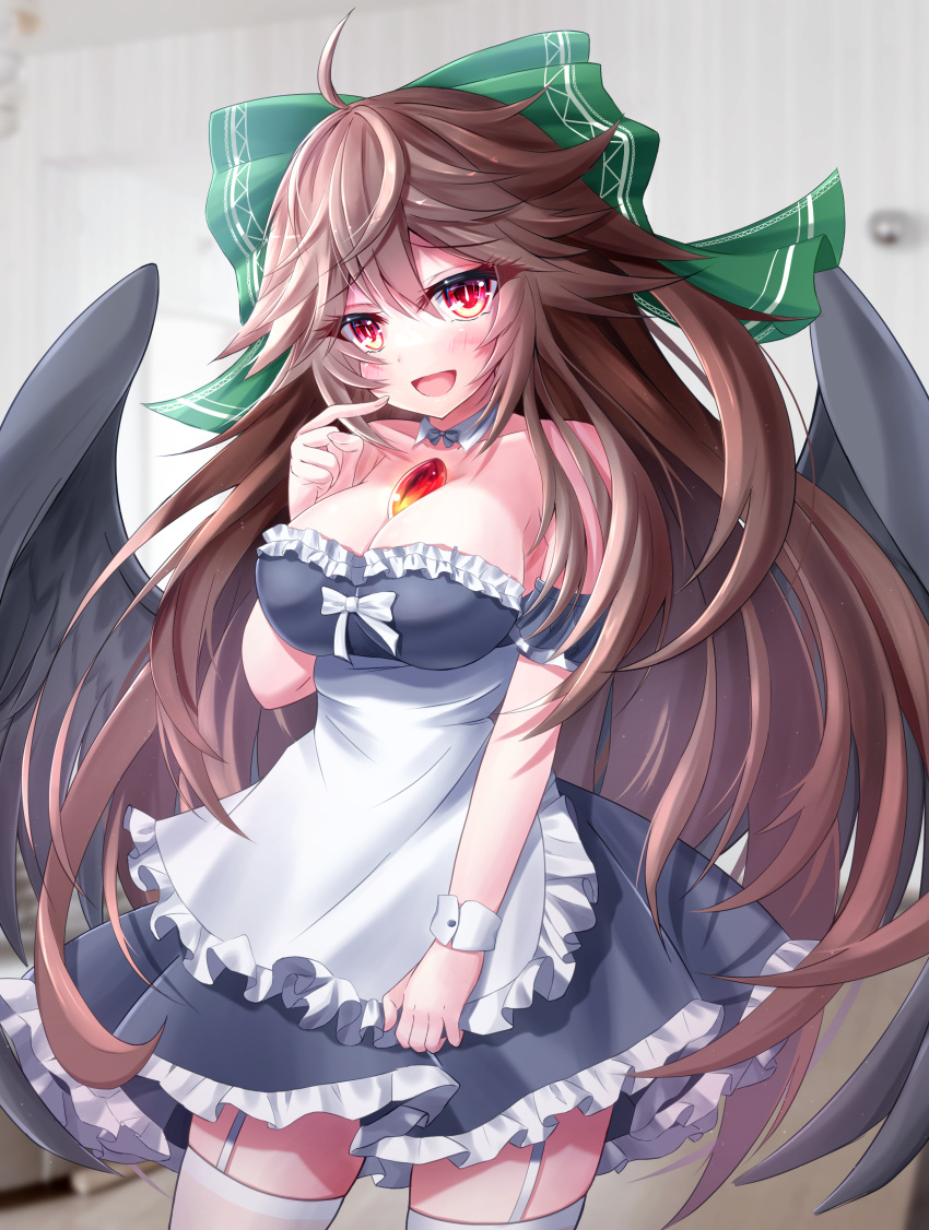 1girl absurdres alternate_costume apron bangs bird_wings black_dress black_wings blush bow breasts brown_hair commentary_request contrapposto cowboy_shot dress enmaided eyebrows_visible_through_hair frilled_dress frills garter_straps green_bow hair_bow highres large_breasts long_hair looking_at_viewer maid maid_apron off-shoulder_dress off_shoulder open_mouth red_eyes reiuji_utsuho s_vileblood smile solo strapless strapless_dress thigh-highs third_eye touhou very_long_hair white_bow white_legwear wings