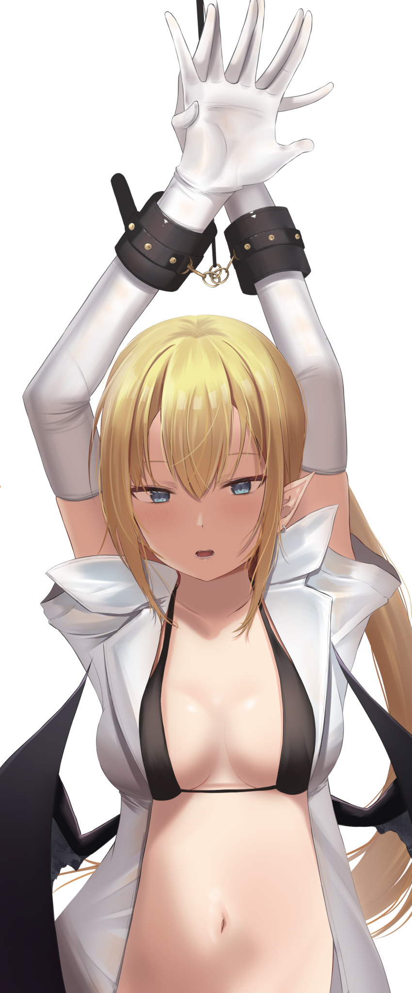 1girl absurdres arms_up black_bra blonde_hair blue_eyes bra breasts cuffs demon_girl demon_wings doyachii earrings elbow_gloves gloves handcuffs highres jewelry low_wings medium_breasts navel open_clothes open_shirt original pointy_ears shirt solo underwear upper_body white_gloves white_shirt wings