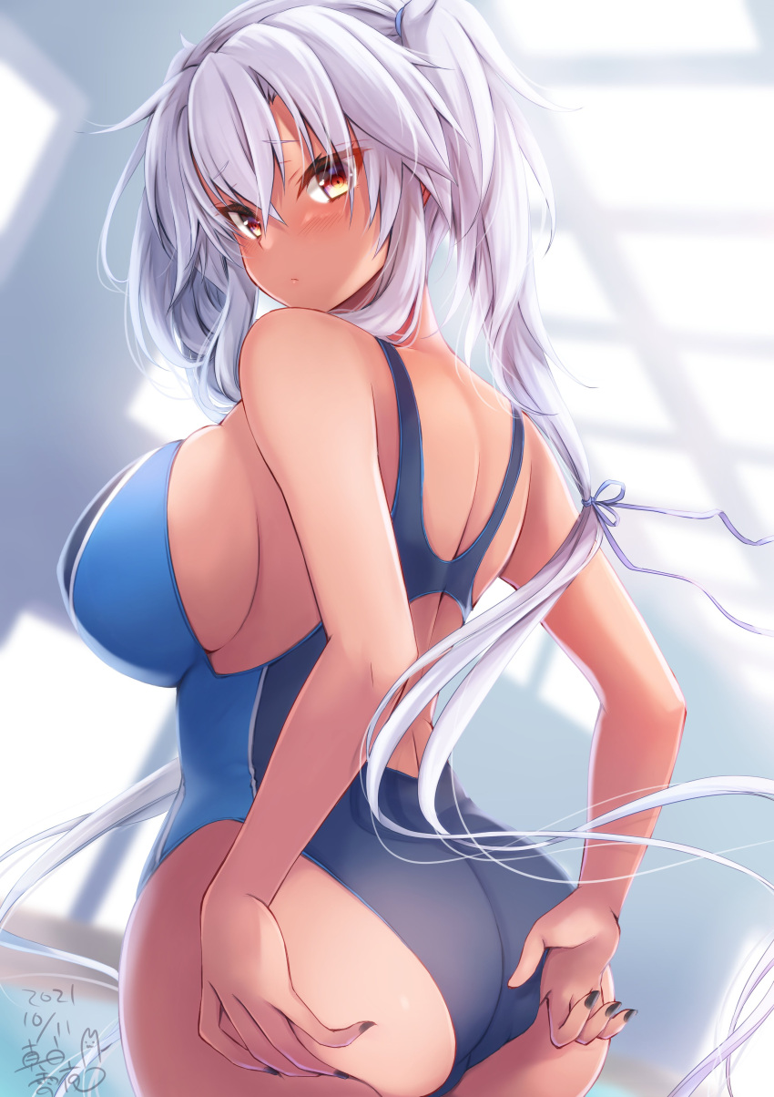 1girl absurdres adjusting_clothes adjusting_swimsuit ass back black_nails blue_swimsuit blush breasts competition_swimsuit cowboy_shot dark-skinned_female dark_skin dated eyebrows_visible_through_hair hair_between_eyes highres indoors kantai_collection large_breasts light_brown_hair mashiro_yukiya musashi_(kancolle) one-piece_swimsuit platinum_blonde_hair pool red_eyes rei_no_pool short_hair_with_long_locks signature solo swimsuit twintails two_side_up