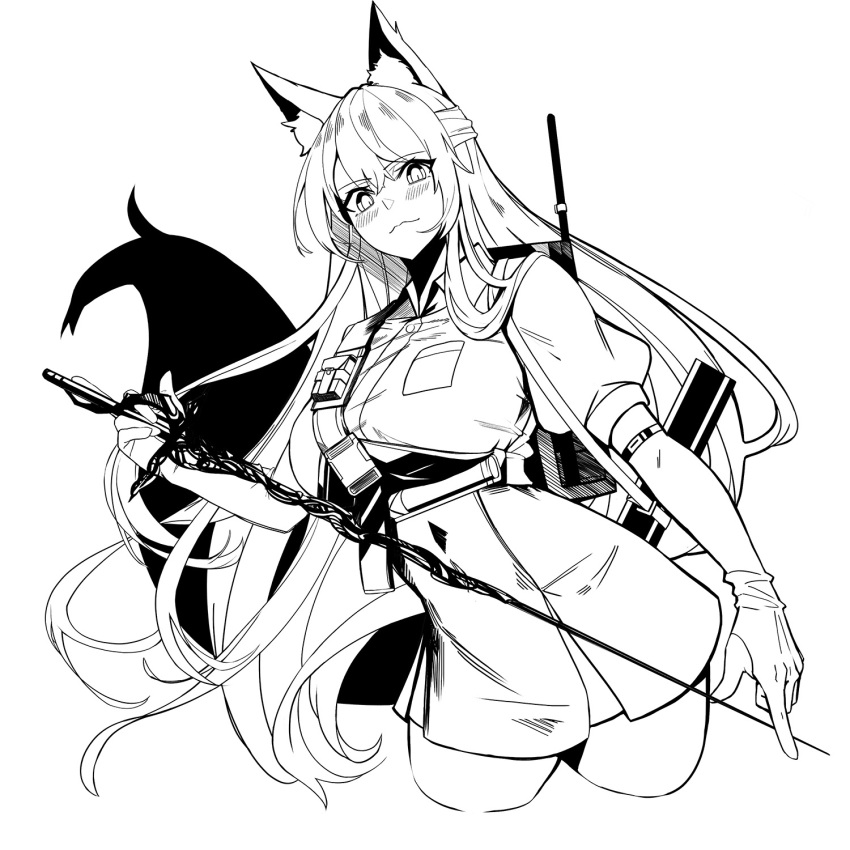 1girl animal_ear_fluff animal_ears antennae arknights backpack bag blush breast_pocket breasts collared_shirt commentary_request cowboy_shot cropped_legs elbow_gloves english_commentary fkskii65 fox_ears fox_girl fox_tail franka_(arknights) gloves greyscale highres holding holding_sword holding_weapon korean_commentary large_breasts long_hair looking_at_viewer mixed-language_commentary monochrome official_alternate_costume pocket pouch rapier shirt simple_background sword tail weapon white_background