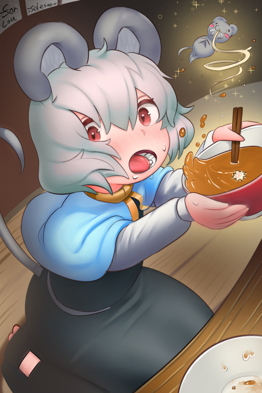 1girl absurdres animal_ears bangs blue_capelet blush bowl capelet chopsticks commentary_request fish_cake food full_body grey_hair grey_skirt grey_vest hair_between_eyes highres holding holding_bowl layered_clothing long_sleeves looking_at_viewer mouse mouse_ears mouse_girl mouse_tail nazrin noodles open_mouth ramen red_eyes seiza serakawa shirt short_hair sitting skirt skirt_set solo soup tail touhou vest white_shirt