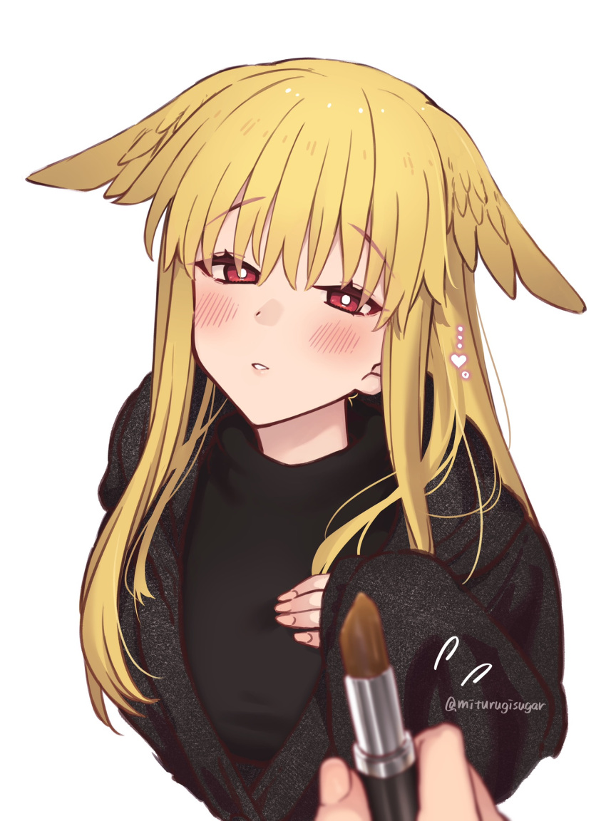 1girl bangs black_sweater blonde_hair breasts contemporary fate/grand_order fate_(series) head_wings highres large_breasts lipstick long_hair looking_at_viewer makeup mitsurugi_sugar red_eyes sidelocks solo_focus sweater thrud_(fate) valkyrie_(fate)