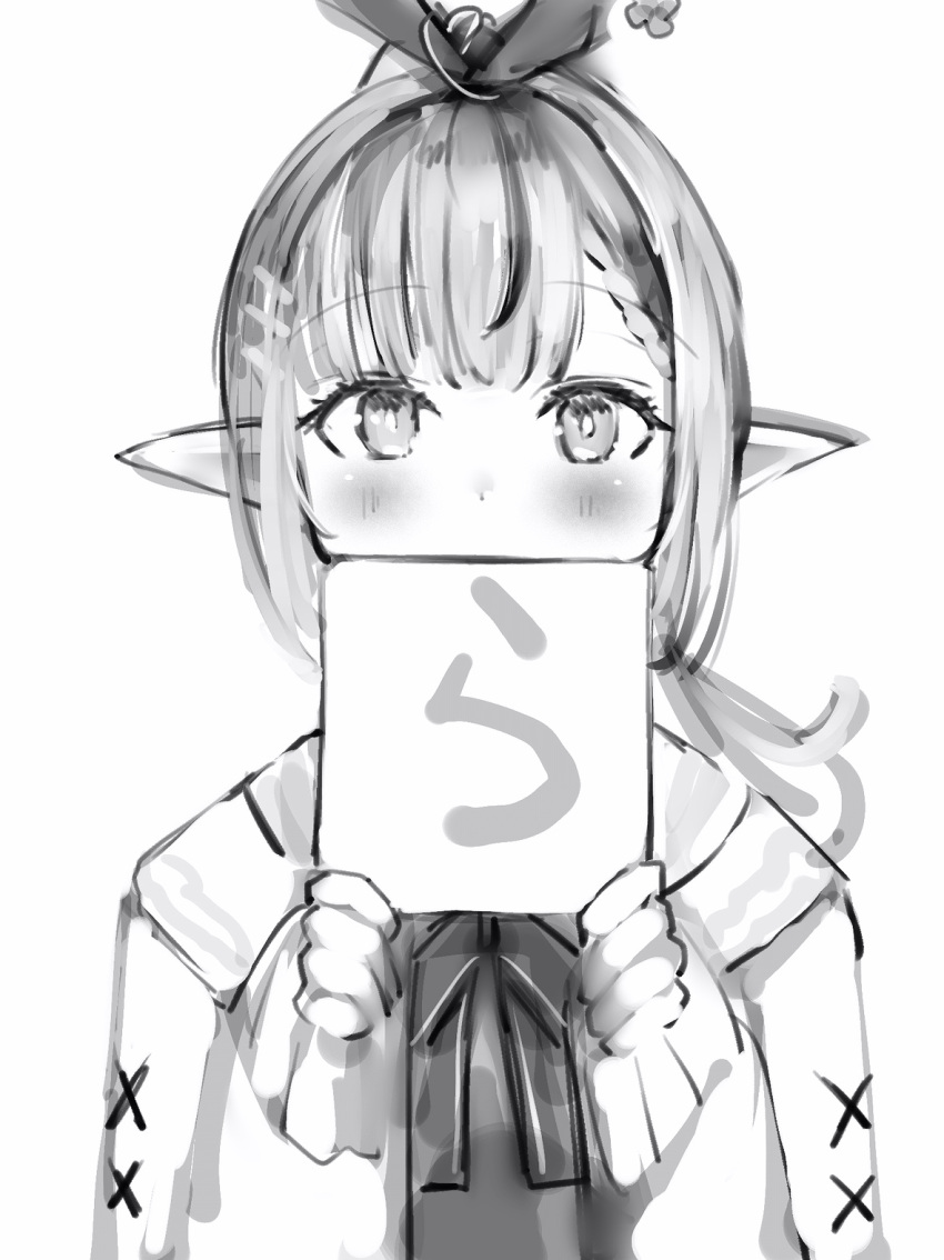 1girl blush bow bowtie greyscale hands_up highres holding holding_sign hololive long_hair long_sleeves looking_at_viewer monochrome nanashi_(nlo) pointy_ears shiranui_flare sign simple_background solo upper_body virtual_youtuber white_background