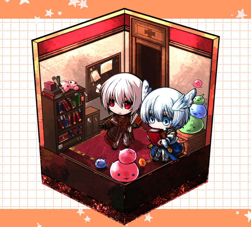 2boys :3 arch_bishop_(ragnarok_online) bangs black_footwear black_gloves blue_coat blue_eyes blue_hair blush book bookshelf box brown_coat brown_gloves character_request chibi coat cropped_jacket drops_(ragnarok_online) eyebrows_visible_through_hair feathered_wings fingerless_gloves full_body gloves gradient_hair grid_background head_wings highres indoors isometric jacket long_sleeves male_focus marin_(ragnarok_online) miya_daisuke multicolored_hair multiple_boys open_mouth pants pointing poporing poring ragnarok_online red_eyes redhead scroll shoes short_hair slime_(creature) star_(symbol) white_hair white_jacket white_pants white_wings wings