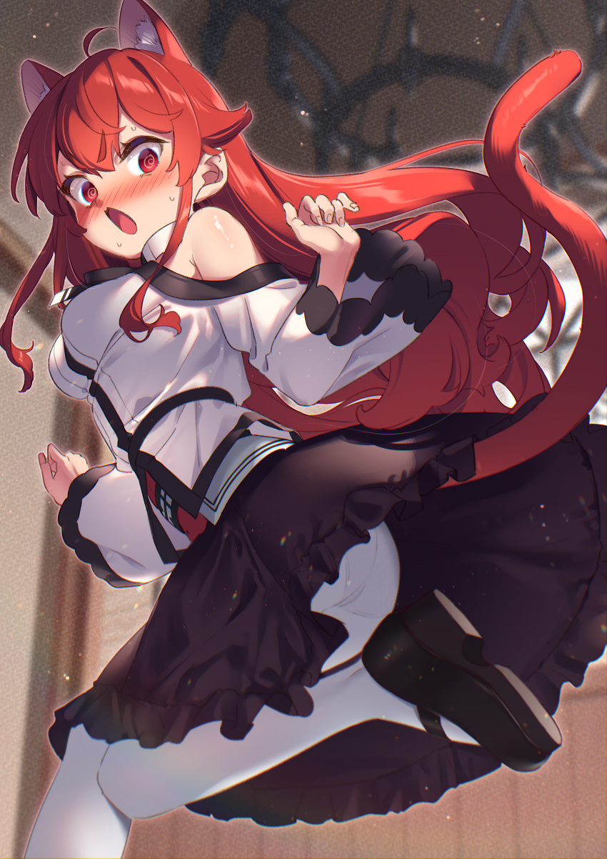 1girl @_@ absurdres animal_ears ass bare_shoulders black_footwear black_skirt blurry blurry_background blush breasts cat_ears cat_girl cat_tail commentary_request depth_of_field eris_greyrat feet_out_of_frame frilled_skirt frills highres indoors jacket kemonomimi_mode konakona0307 long_hair long_sleeves medium_breasts mushoku_tensei nose_blush open_mouth panties panties_under_pantyhose pantyhose red_eyes redhead shoes skirt solo standing standing_on_one_leg tail underwear very_long_hair white_jacket white_legwear wide_sleeves