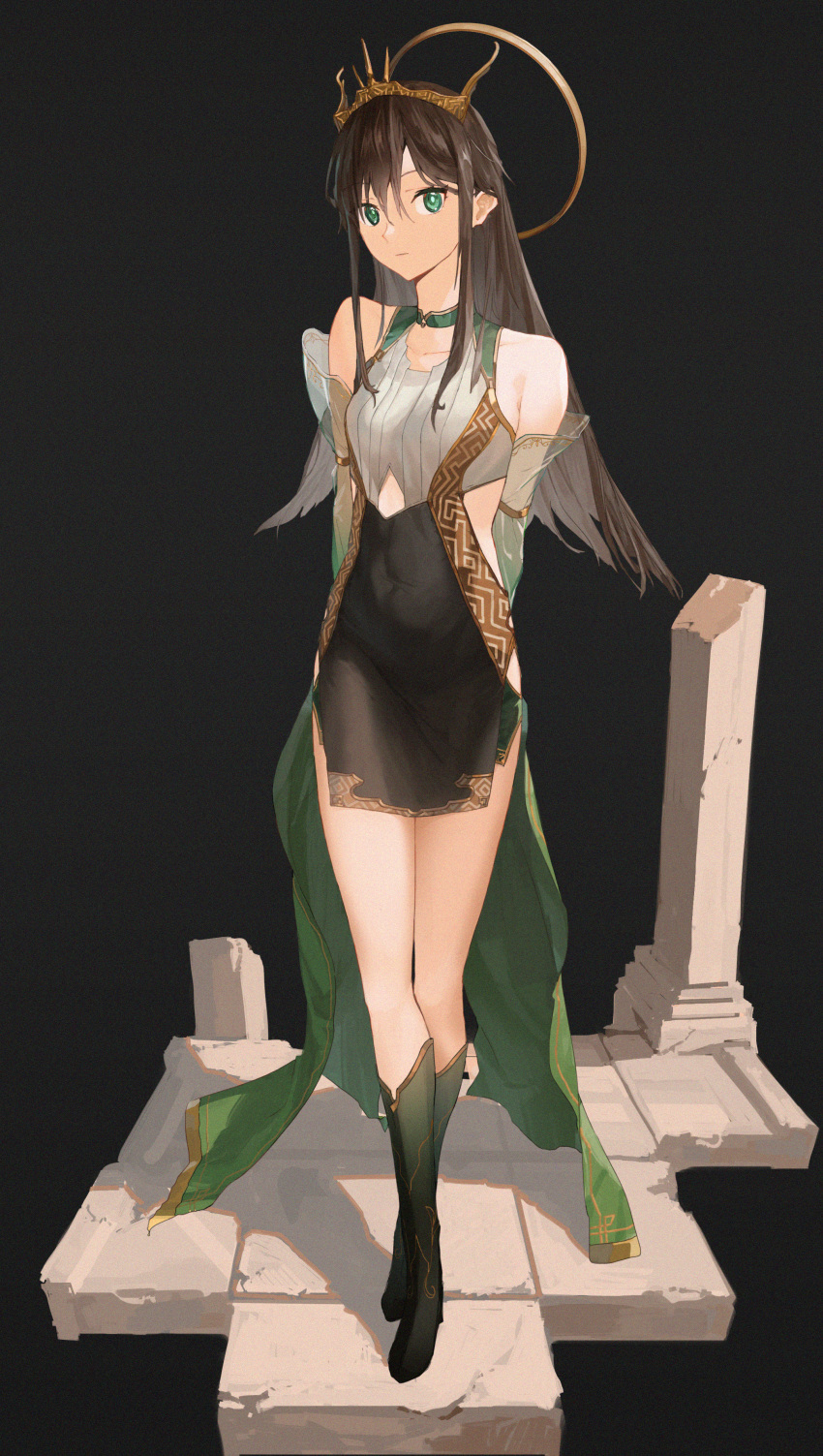 1girl absurdres arms_behind_back bangs bare_shoulders boots brown_hair choker collarbone crossed_legs detached_sleeves dress fantasy green_eyes hair_between_eyes halo highres long_hair original rouzato shadow side_cutout sidelocks solo standing stone_floor tiara