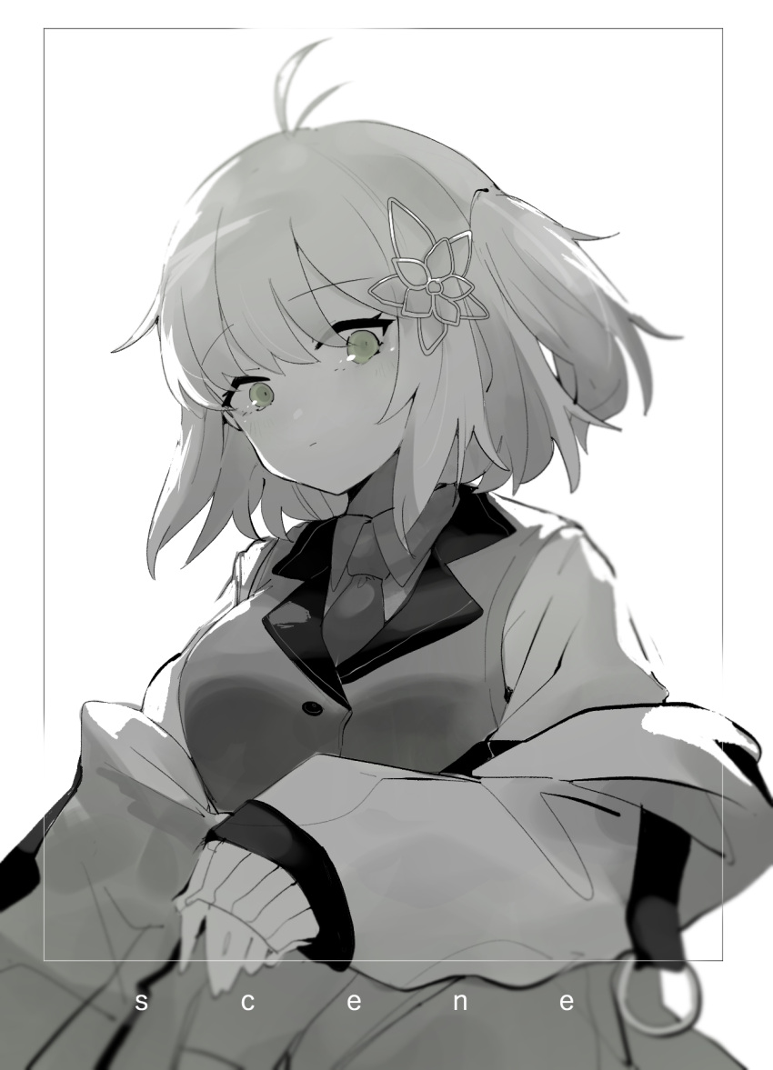 1girl antenna_hair arknights border character_name collared_shirt commentary eyebrows_visible_through_hair flower green_eyes greyscale hair_flower hair_ornament highres jacket looking_at_viewer monochrome necktie off_shoulder open_clothes open_jacket retri scene_(arknights) shirt short_hair side_ponytail solo spot_color undershirt upper_body vest white_background
