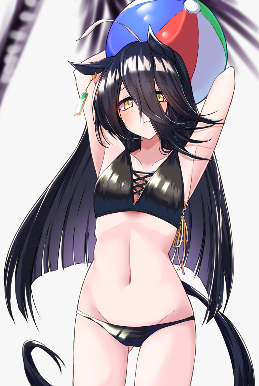 1girl ahoge animal_ears arms_up ass_visible_through_thighs ball bangs beachball bikini black_bikini black_hair blush commentary_request cowboy_shot earrings frown grey_background groin hair_between_eyes highres horse_ears horse_girl horse_tail jewelry komb long_hair looking_at_viewer manhattan_cafe_(umamusume) navel palm_tree shiny shiny_hair simple_background single_earring solo swimsuit tail tree umamusume yellow_eyes