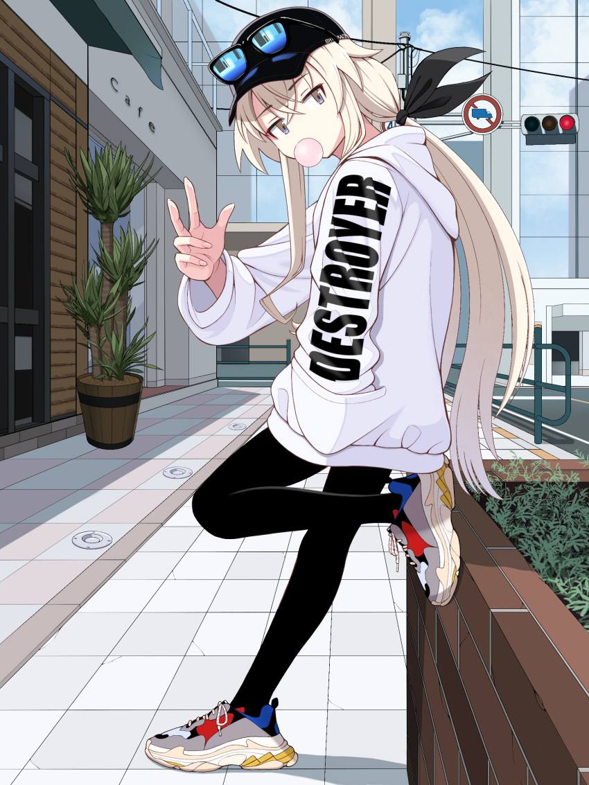 1girl absurdres alternate_costume black_headwear black_legwear blonde_hair chewing_gum clothes_writing eyebrows_visible_through_hair fingernails grey_eyes hair_between_eyes hand_in_pocket hat highres hood hoodie kantai_collection long_hair long_sleeves pantyhose shimakaze_(kancolle) shoes sign sneakers solo traffic_light tsusshi white_hoodie