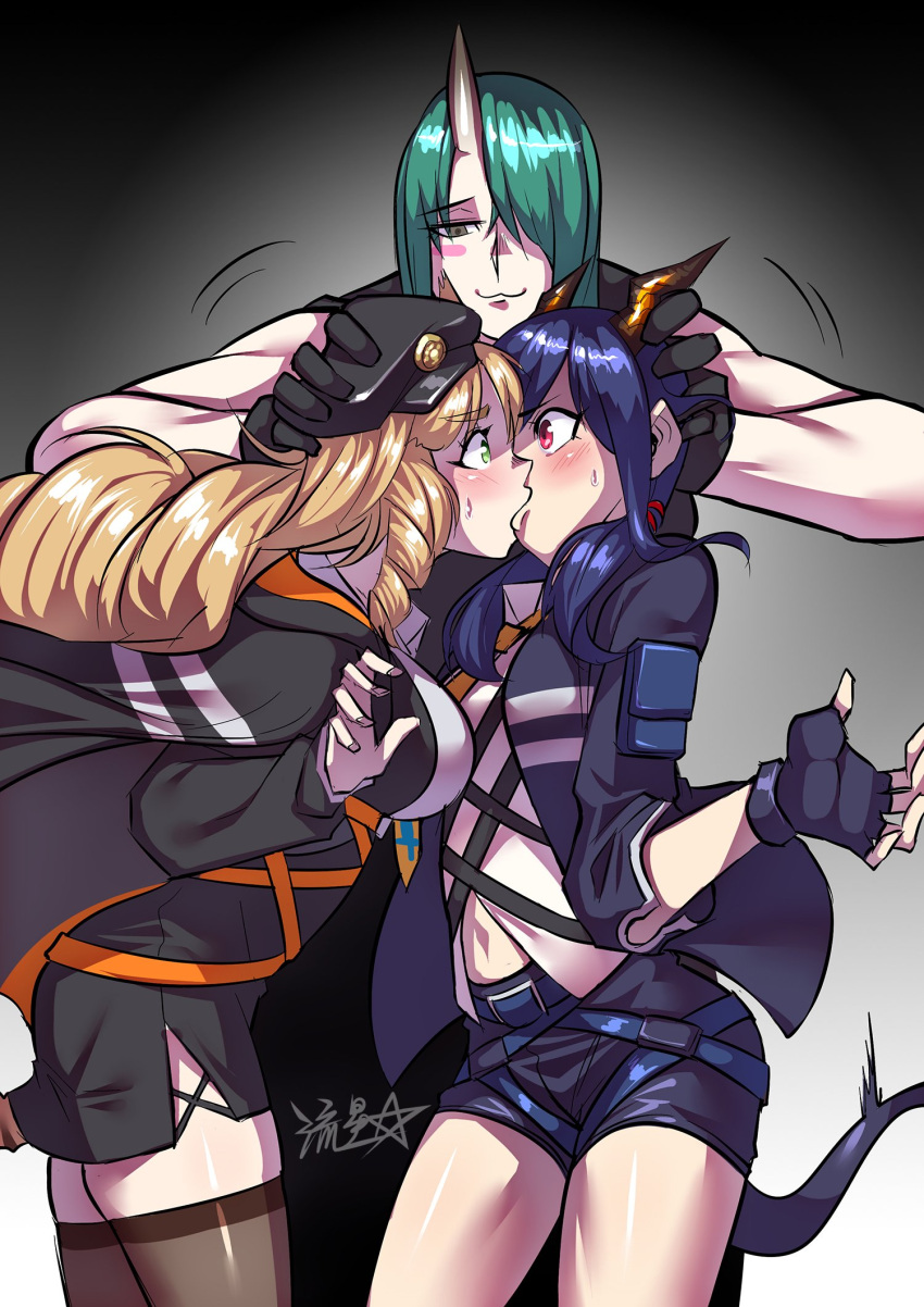 3girls :3 animal_ears arknights black_gloves black_jacket blonde_hair blue_hair blue_jacket blush blush_stickers brown_legwear ch'en_(arknights) closed_mouth dress fingerless_gloves forced_kiss gloves green_eyes green_hair hair_over_one_eye hair_over_shoulder hands_up height_difference highres horns hoshiguma_(arknights) jacket long_hair low_twintails multiple_girls navel necktie one_eye_covered oni_horns pencil_dress red_eyes ryuusei_(mark_ii) shirt short_dress short_shorts shorts side_slit signature single_horn skindentation smile swire_(arknights) tail tall_female thigh-highs twintails white_shirt wide-eyed yellow_eyes yellow_neckwear yuri