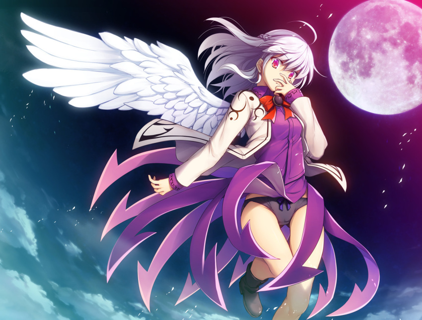 1girl ass_visible_through_thighs black_footwear black_panties boots bow bow_panties braid brown_footwear chima_q clouds cloudy_sky commentary crown_braid feathered_wings floating full_moon hand_on_own_face highres jacket kishin_sagume long_hair long_sleeves looking_at_viewer moon night night_sky panties purple_bow purple_shirt purple_skirt shirt single_wing skirt sky solo thigh_gap thighs touhou underwear violet_eyes white_hair white_jacket white_wings wings