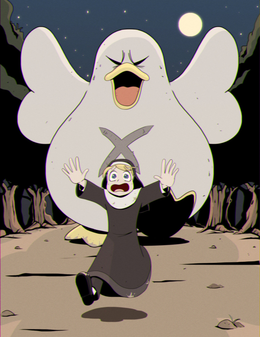 1girl absurdres animal arms_up bangs bird black_footwear blonde_hair blue_eyes catholic duck habit highres little_nuns_(diva) night nun omar_dibuja open_mouth outdoors oversized_animal protagonist_nun_(diva) running shadow shoes solo tree wide_shot