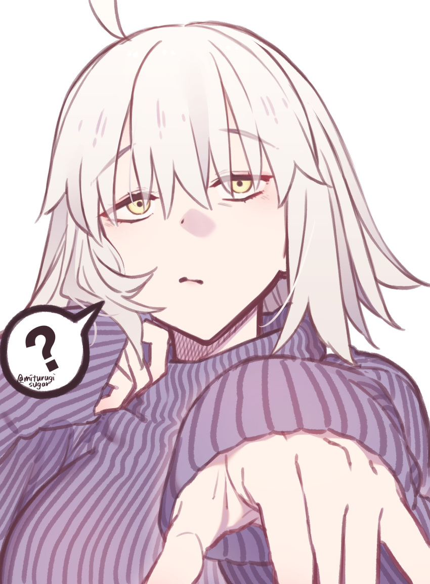 1girl ? bangs breasts fate/grand_order fate_(series) highres jeanne_d'arc_(alter)_(fate) jeanne_d'arc_(fate) large_breasts long_sleeves looking_at_viewer mitsurugi_sugar purple_sweater short_hair silver_hair solo spoken_question_mark sweater yellow_eyes
