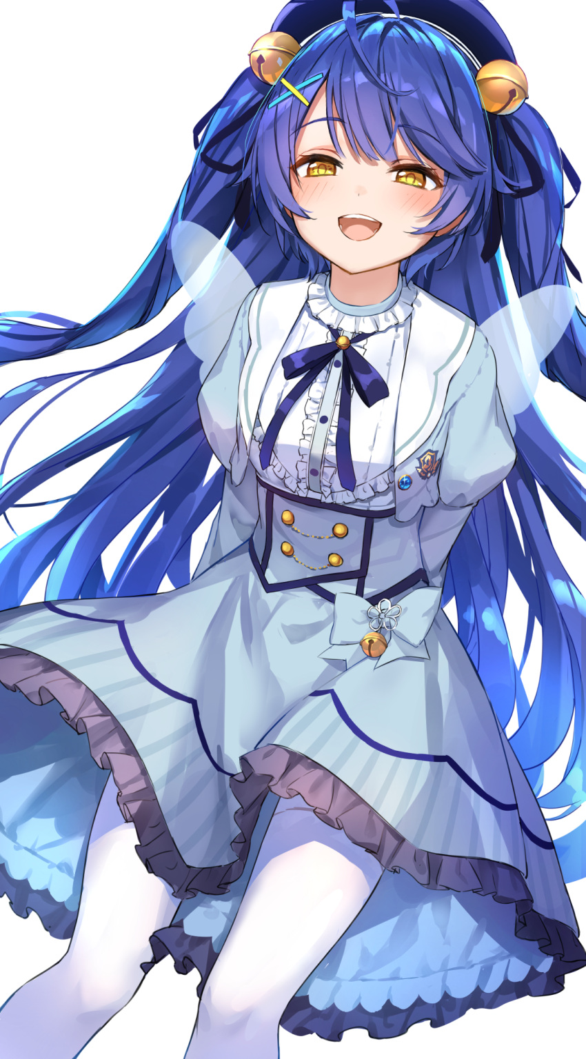 1girl ahoge amamiya_kokoro bangs bell blue_bow blue_dress blue_hair blue_headwear blue_ribbon blush bow center_frills dress dutch_angle eyebrows_visible_through_hair fairy_wings frilled_dress frills hair_bell hair_ornament hair_ribbon highres jingle_bell kakutasu leaning_forward long_hair long_sleeves looking_at_viewer nijisanji open_mouth pantyhose puffy_long_sleeves puffy_sleeves ribbon simple_background solo very_long_hair virtual_youtuber white_background white_legwear wings x_hair_ornament yellow_eyes