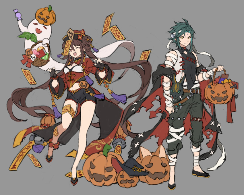1boy 1girl alternate_costume aqua_hair belt belt_buckle black_footwear black_shorts bolt breasts brown_gloves brown_hair bucket buckle candy cosplay facial_mark fingerless_gloves flower flower-shaped_pupils food forehead_mark frankenstein's_monster full_body genshin_impact ghost gloves green_hair grey_background grey_pants hair_ornament halloween halloween_bucket halloween_costume hat hat_flower highres holding holding_bucket hu_tao_(genshin_impact) jack-o'-lantern long_hair looking_at_viewer mask medium_breasts midriff mummy mummy_costume navel ofuda ofuda_on_clothes one_eye_closed open_mouth pants papajay_(jennygin2) plum_blossoms porkpie_hat pumpkin red_eyes shoes short_hair shorts simple_background skull smile symbol-shaped_pupils talisman tassel twintails vampire_costume very_long_hair wide_sleeves xiao_(genshin_impact)