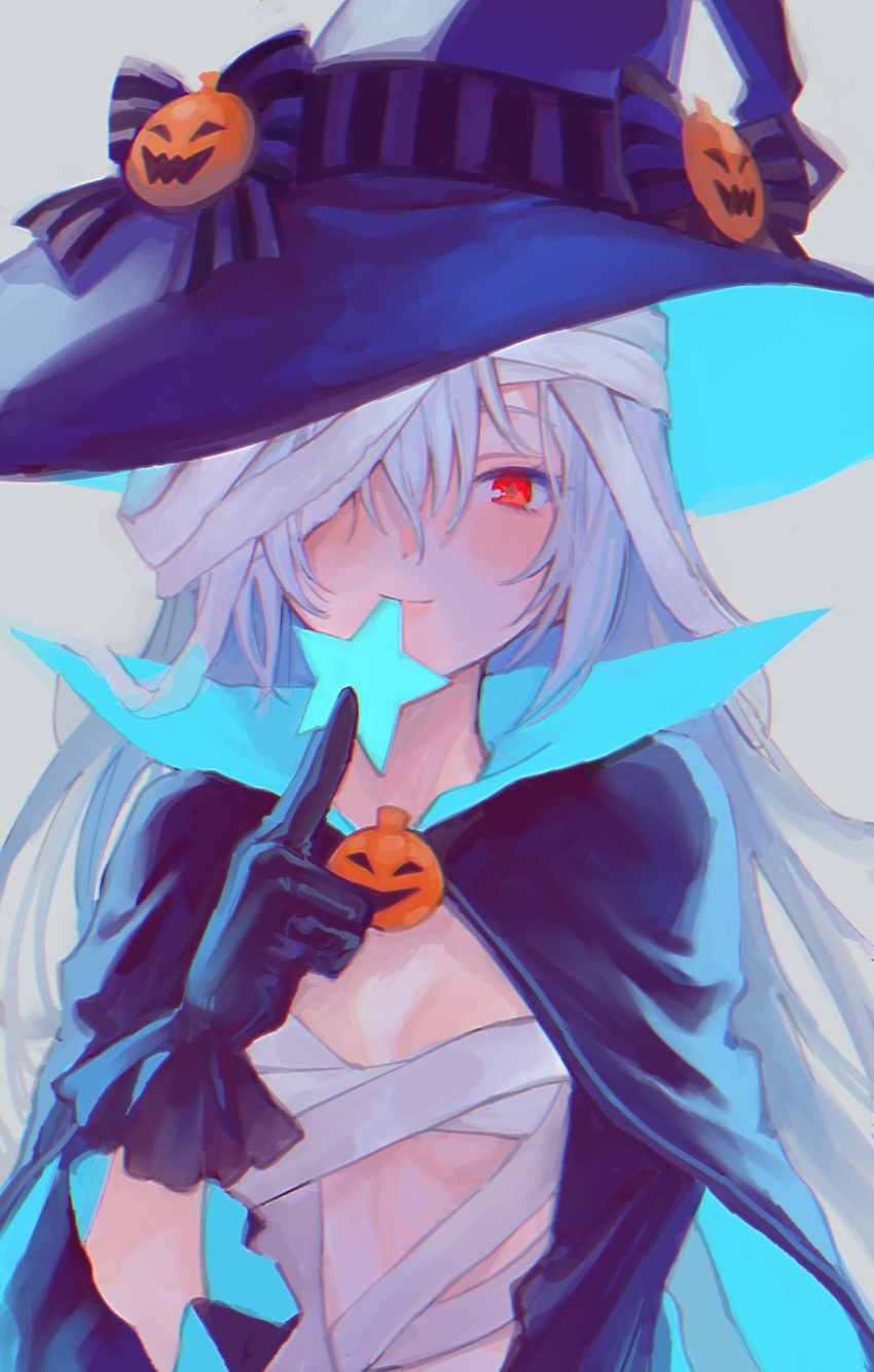 1girl bandages bangs black_cape black_gloves blue_cape blush breasts cape detached_sleeves dm_owr girls_frontline gloves grey_background hair_over_one_eye halloween_costume hat highres long_hair looking_at_viewer mouth_hold official_alternate_costume pumpkin simple_background small_breasts smile solo star_(symbol) tokarev_(girls'_frontline) upper_body very_long_hair white_hair witch_hat