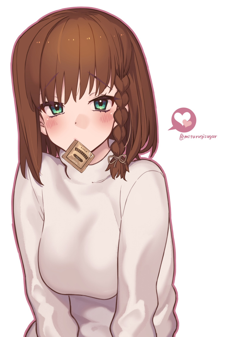 1girl bangs braid breasts brown_hair charlotte_corday_(fate) fate/grand_order fate_(series) green_eyes highres large_breasts long_sleeves looking_at_viewer mitsurugi_sugar mouth_hold short_hair side_braid solo sweater white_sweater