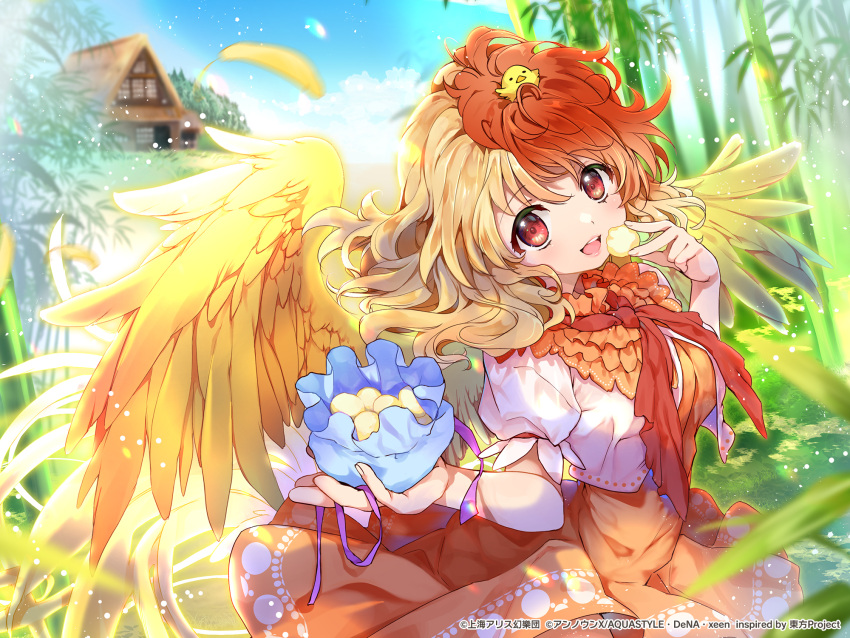 1girl animal_on_head arm_garter artist_request bamboo bird bird_on_head bird_wings blonde_hair blue_sky blurry blurry_background clouds dress eyebrows_visible_through_hair feathered_wings feathers highres hut light_particles looking_at_viewer mochi multicolored_hair niwatari_kutaka on_head open_mouth orange_skirt pouch red_neckwear red_ribbon redhead ribbon short_hair short_sleeves skirt sky solo teeth touhou touhou_danmaku_kagura two-tone_hair upper_body upper_teeth vest white_vest wings