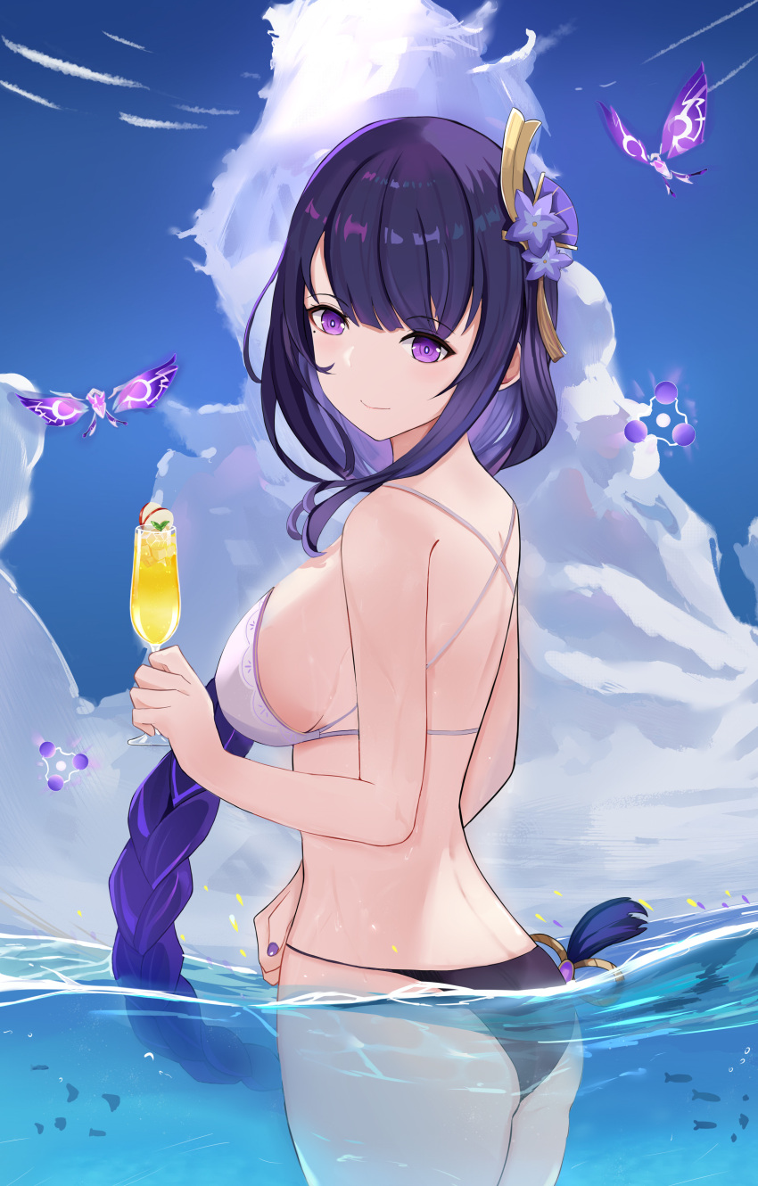 1girl absurdres ass bad_face bikini black_bikini blue_sky braid braided_ponytail breasts clouds cup dagaonanchi day drinking_glass genshin_impact highres holding holding_cup large_breasts long_braid long_hair mole mole_under_eye outdoors purple_hair raiden_shogun single_braid sky solo swimsuit two-tone_bikini very_long_hair violet_eyes white_bikini