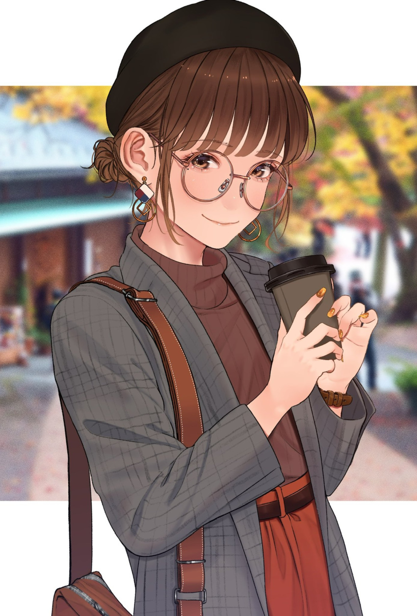 1girl autumn bag beret blurry blush brown_hair cup depth_of_field earrings glasses hair_bun handbag hat highres holding holding_cup jacket jewelry looking_at_viewer mole mole_under_eye original outside_border photo_background plaid plaid_jacket saitou_(lynx-shrike) smile striped striped_sweater sweater thigh-highs tumbler upper_body watch watch