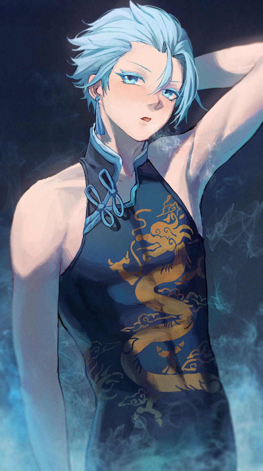 1boy arm_behind_head armpits bare_arms bare_shoulders blue_eyes blue_hair breath chongyun_(genshin_impact) covered_abs cozyu earrings genshin_impact hair_between_eyes hand_up highres jewelry looking_at_viewer male_focus parted_lips short_hair smoke solo tassel tassel_earrings upper_body