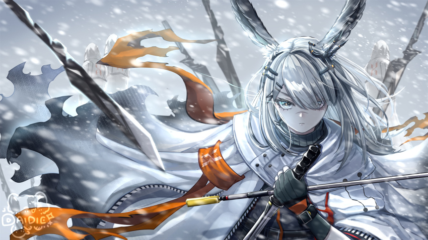 1girl 3others animal_ears arknights armband black_gloves black_shirt coat commentary dagger dai_die fingerless_gloves frostnova_(arknights) gloves grey_eyes grey_hair hair_ornament hairclip hand_up highres holding holding_dagger holding_weapon knife looking_at_viewer multiple_others open_clothes open_coat outdoors parted_lips rabbit_ears reunion_logo_(arknights) scar scar_on_face scar_on_nose shirt snowing solo_focus straight-on upper_body v-shaped_eyebrows weapon white_coat