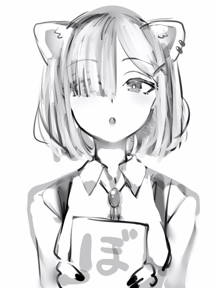 :o animal_ears bob_cut brooch collared_shirt earrings fingernails greyscale hair_over_one_eye highres holding holding_sign hololive jewelry lion_ears looking_at_viewer medium_hair monochrome nail_polish nanashi_(nlo) official_alternate_costume one_eye_covered pointy_ears shirt shishiro_botan short_hair sign simple_background white_background wing_collar