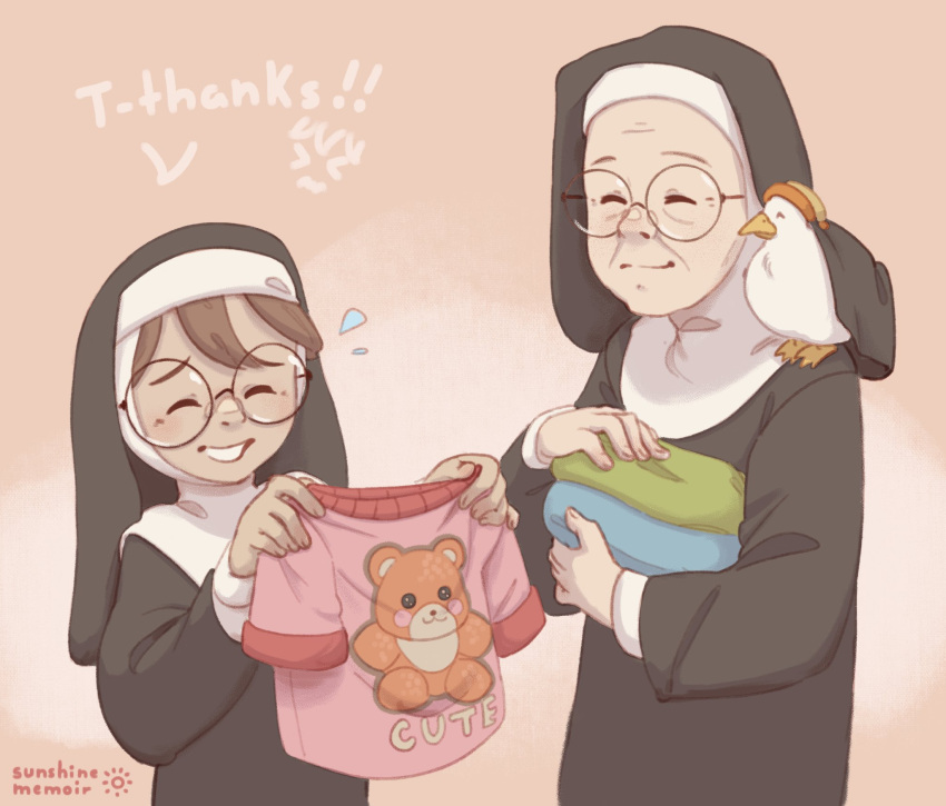 2girls bangs bird brown_hair catholic closed_eyes duck english_text glasses glasses_nun_(diva) habit highres holding holding_clothes holding_shirt khiuly little_nuns_(diva) long_sleeves mother_superior_(diva) multiple_girls nun old old_woman print_shirt round_eyewear shirt smile stuffed_animal stuffed_toy teddy_bear upper_body