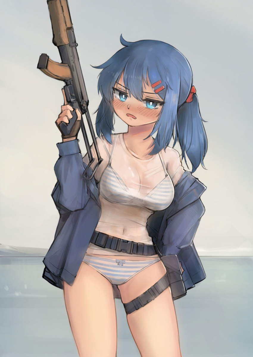 1girl belt black_belt blue_eyes blue_hair blue_jacket blush bra bright_pupils covered_navel gun hair_ornament hairclip highres holding holding_gun holding_weapon jacket leaning_to_the_side off_shoulder original panties ponytail see-through_shirt sidelocks skindentation solo striped striped_bra striped_panties thigh_strap trigger_discipline underwear weapon white_pupils xerbatt