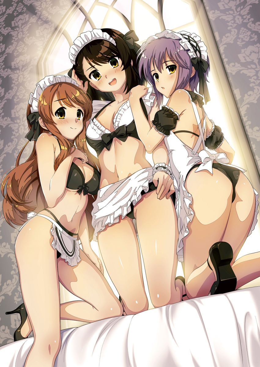 3girls alternate_costume apron asahina_mikuru ass bangs bare_legs bed black_bra black_footwear black_panties blush bra breasts brown_eyes brown_hair high_heels highres hotaru_iori ichimi_renge indoors kneeling large_breasts long_hair looking_at_viewer maid_headdress medium_breasts multiple_girls nagato_yuki nose_blush on_bed open_mouth panties purple_hair short_hair smile suzumiya_haruhi suzumiya_haruhi_no_yuuutsu underwear waist_apron white_apron white_bra window yellow_eyes