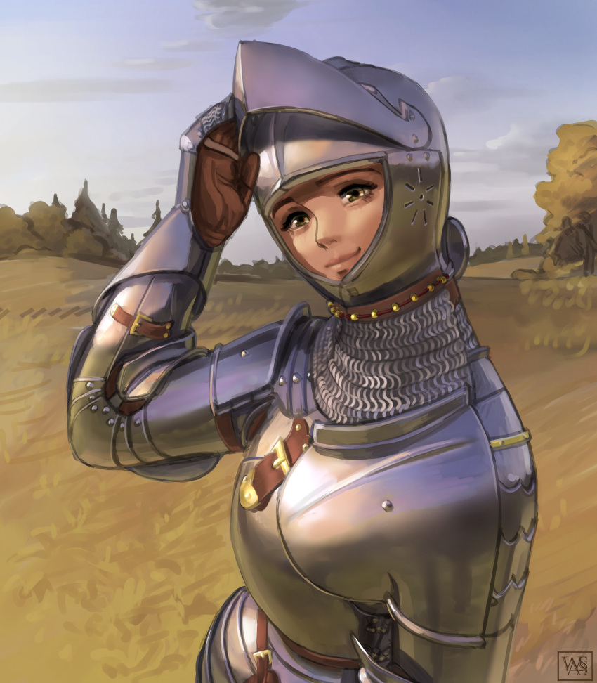 1girl absurdres armor breastplate chainmail commentary gauntlets grasslands green_eyes helmet highres knight looking_at_viewer medieval original plate_armor shoulder_armor signature smile solo tree visor_(armor) visor_lift wassnonnam