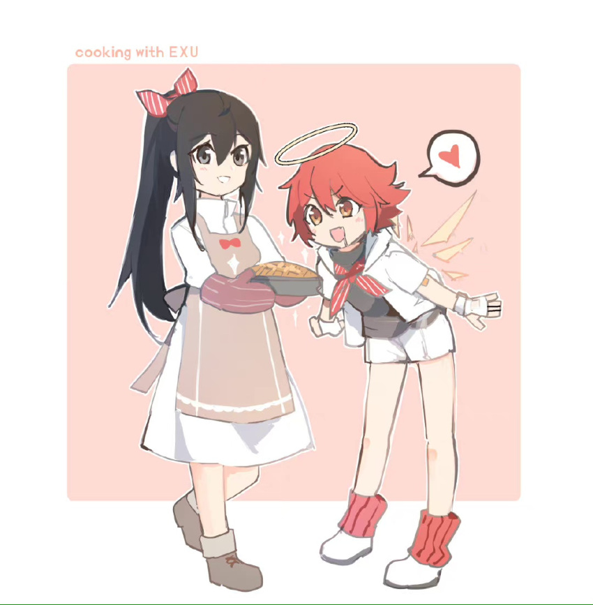 2girls :d apple_pie apron arknights bangs black_hair black_shirt brown_apron brown_background brown_eyes brown_footwear brown_wings commentary_request detached_wings doctor_(arknights) dress drooling exusiai_(arknights) eyebrows_visible_through_hair female_doctor_(arknights) grey_eyes hair_between_eyes hair_ribbon halo heart holding jacket long_hair loose_socks mouth_drool multiple_girls open_clothes open_jacket open_mouth oven_mitts ponytail red_legwear red_neckwear redhead ribbed_legwear ribbon shirt shoes short_shorts short_sleeves shorts smile socks spoken_heart striped striped_neckwear tianye_toshi two-tone_background v-shaped_eyebrows very_long_hair white_background white_dress white_footwear white_jacket white_shorts wings