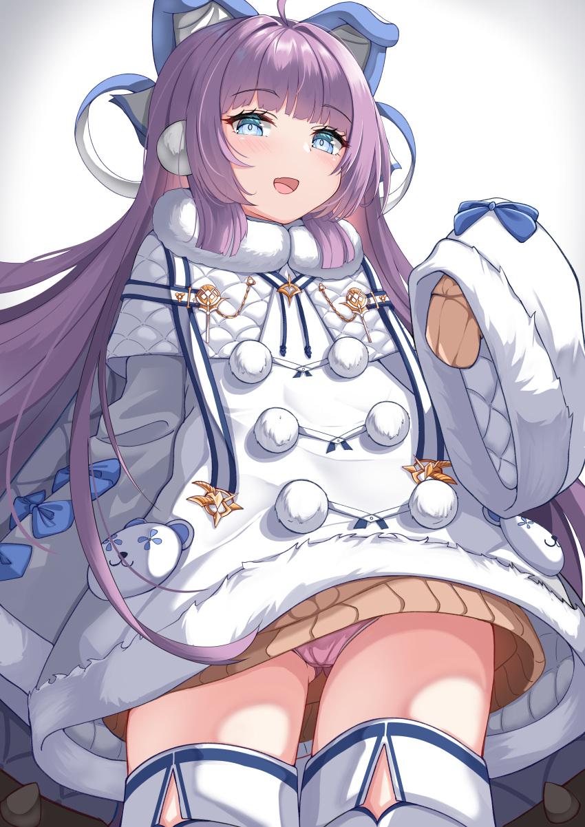 1girl :d absurdres ahoge ass_visible_through_thighs azur_lane bangs blue_eyes brown_sweater commentary_request dress eyebrows_visible_through_hair fur-trimmed_dress fur_trim gradient gradient_background grey_background hand_up highres long_hair long_sleeves looking_at_viewer moyoron open_mouth panties pink_panties purple_hair sleeves_past_fingers sleeves_past_wrists smile solo sweater tashkent_(azur_lane) thigh-highs underwear very_long_hair white_background white_dress white_legwear wide_sleeves