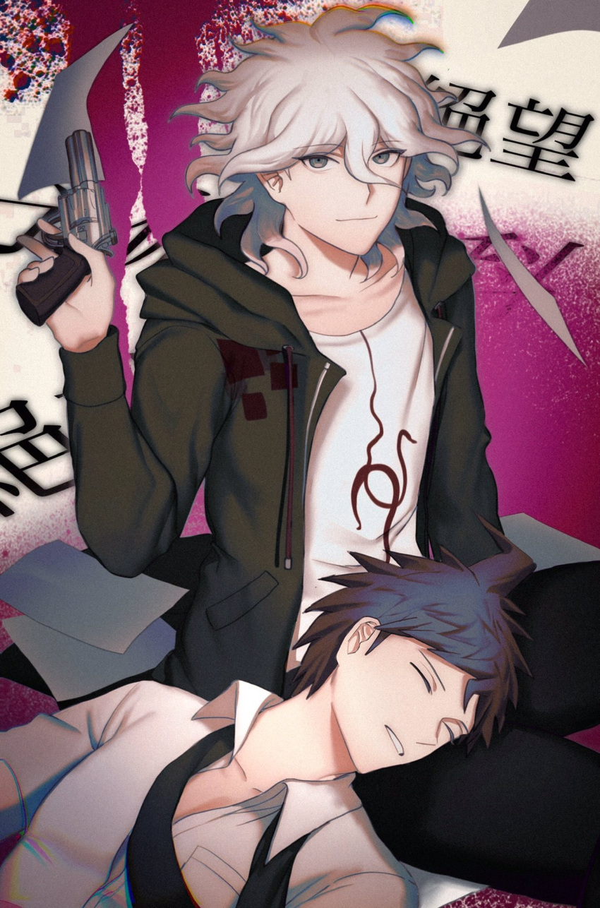 2boys ahoge bangs closed_mouth collarbone collared_shirt danganronpa_(series) danganronpa_2:_goodbye_despair eyebrows_visible_through_hair green_jacket grey_eyes grey_hair gun handgun highres hinata_hajime holding holding_gun holding_weapon hood hood_down jacket komaeda_nagito medium_hair multiple_boys necktie on_lap parted_lips pink_background pistol print_shirt shirt smile tanpakushitsu translation_request undone_necktie weapon