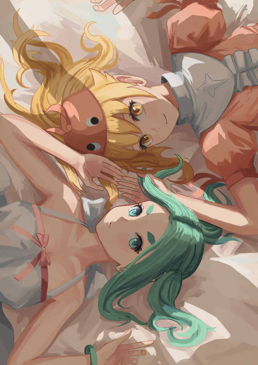 2girls absurdres alternate_costume aqua_eyes aqua_hair bakemonogatari bangs bed blonde_hair cosplay costume_switch frills googly_eyes hat highres long_hair looking_at_viewer lying monogatari_(series) multiple_girls nemo_ringo nisemonogatari on_back ononoki_yotsugi orange_headwear orange_shirt oshino_shinobu puffy_short_sleeves puffy_sleeves ribbon shirt short_sleeves thick_eyebrows white_shirt yellow_eyes