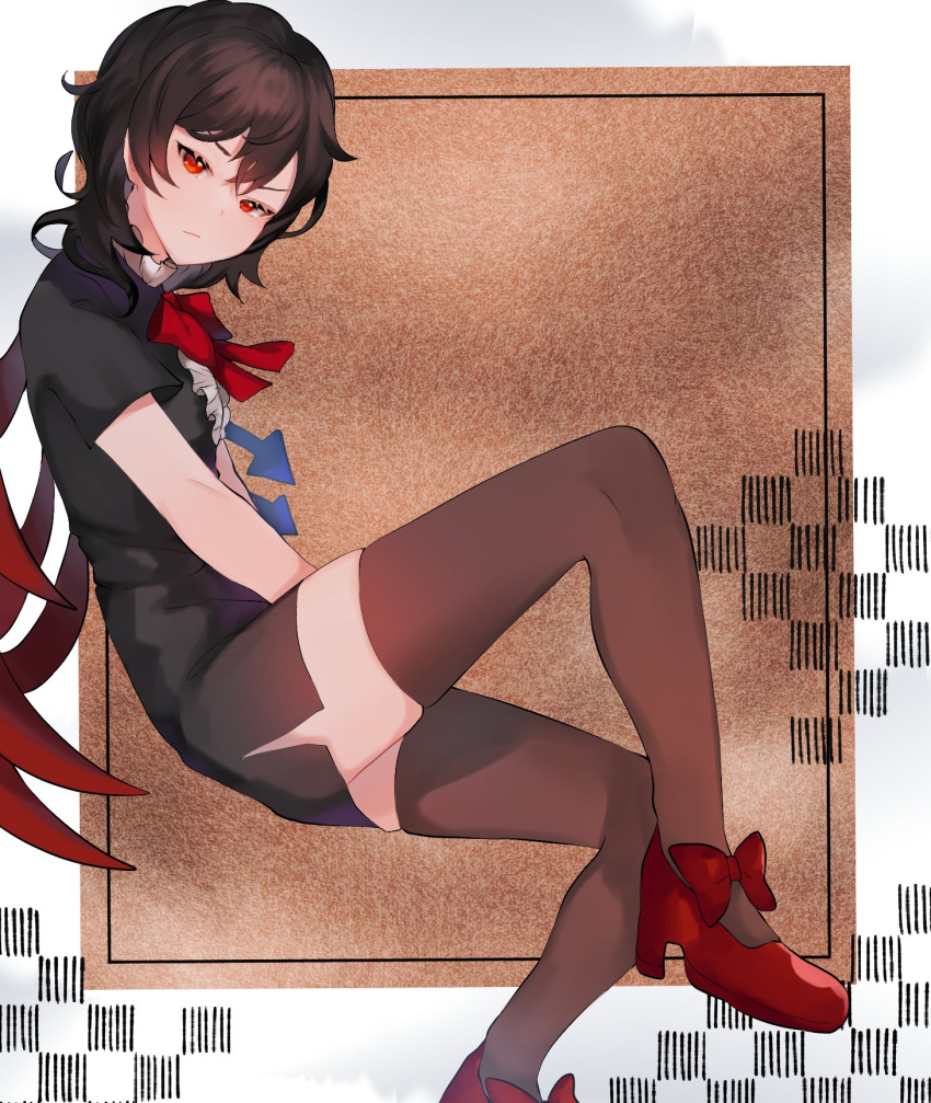 1girl :/ asymmetrical_wings bangs black_dress black_hair border bow bowtie breasts brown_background brown_legwear center_frills closed_mouth commentary_request dress expressionless foot_out_of_frame frills from_side hair_between_eyes half-closed_eyes head_tilt high_heels highres houjuu_nue looking_at_viewer majime_joe medium_hair outside_border red_bow red_eyes red_footwear red_neckwear short_sleeves simple_background sitting skindentation small_breasts solo thigh-highs thighs touhou white_background white_border wings